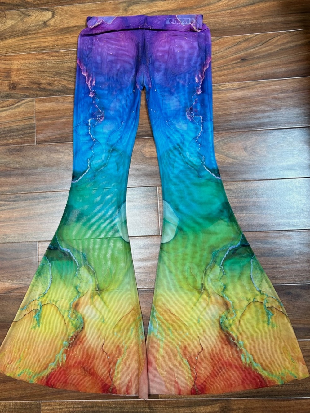 Badinka Rainbow Marble Mesh Set – Bell Bottom Pants + Crossed Sleeve Top-S - Picture 12 of 13